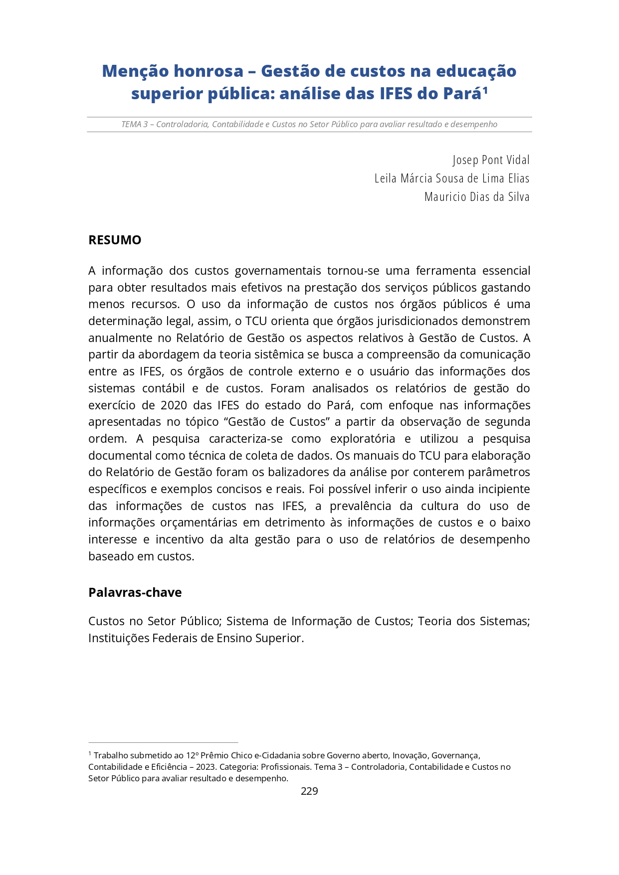 Miniatura Gestão de custos na educação superior pública: Análise das IFES do Pará