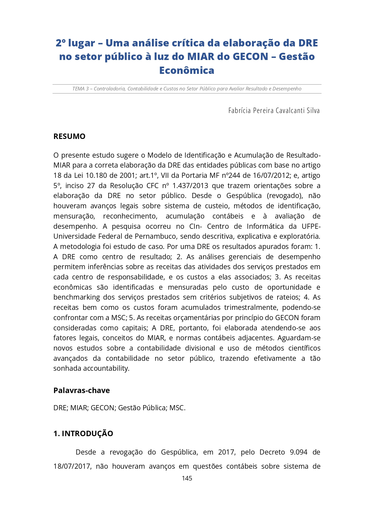 Miniatura Uma análise crítica da elaboração da DRE no setor público à luz do MIAR do GECON – Gestão Econômica