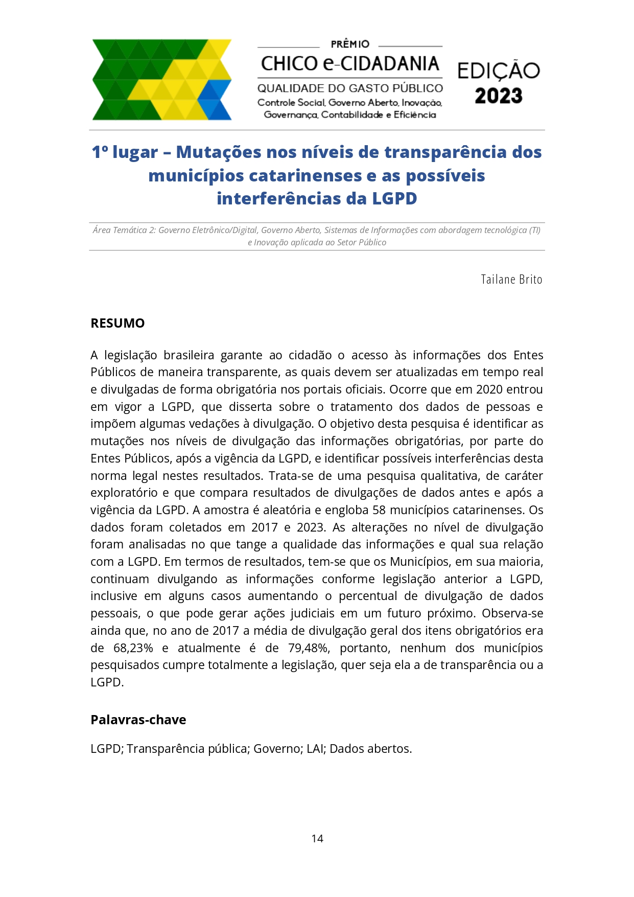 Miniatura Mutações nos níveis de transparência dos municípios catarinenses e as possíveis interferências da LGPD